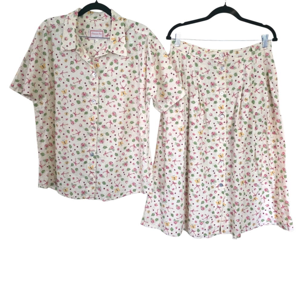 Cinnamon Sea Button Down Blouse & Midi Skirt Set Butterfly Flower Print Cotton